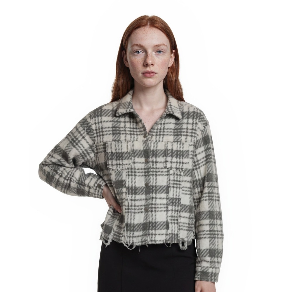 POL Anthropologie Shacket Jacket Women's Size Large Grey White Plaid Top